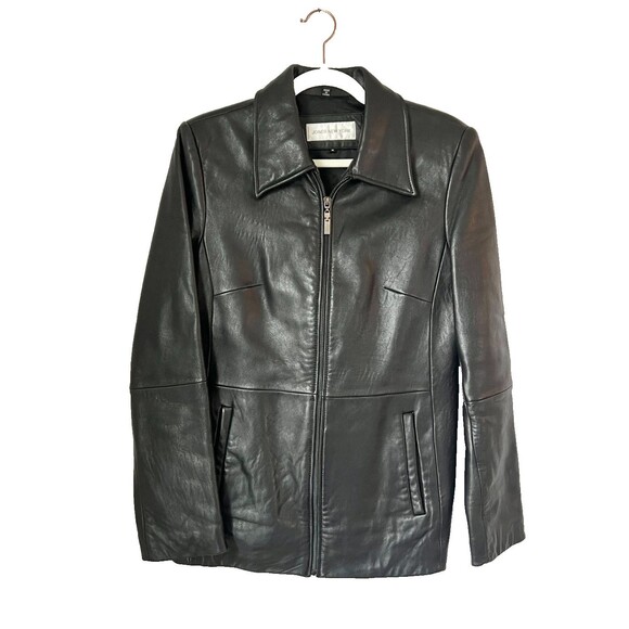 Jones New York Jackets & Blazers - Jones New York Jacket Womens Medium Black Genuine Leather Zip Front Collared Vtg